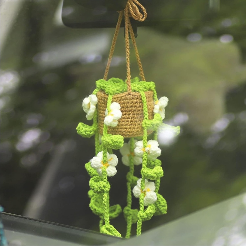 Handmade Woven Daisy Flower Plant Vine Pot Knit Car Mirror Hanging Accessory - Picture 5 of 6